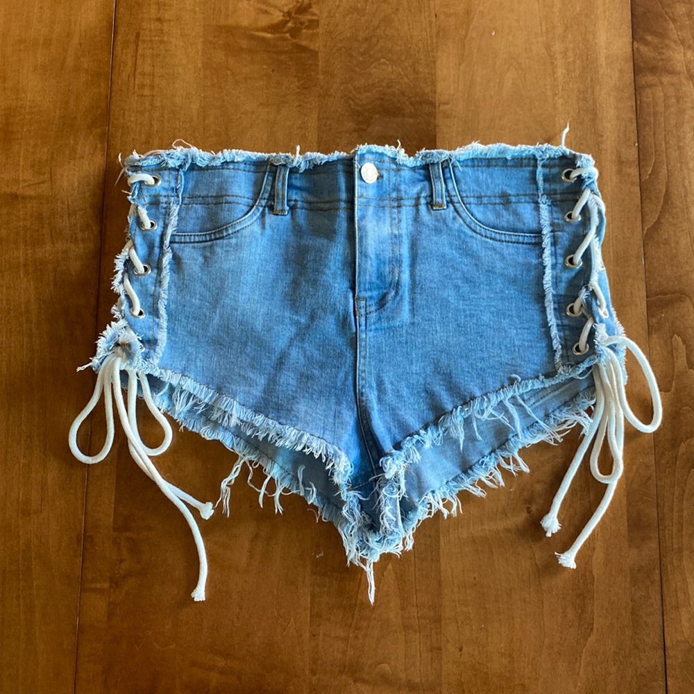 Forever 21 Super Short Side Tied Light Blue Jean Shorts